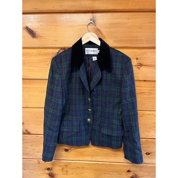 JH Collectibles Blazer Women's Size 8 Wool Plaid w/ Velvet Collar Black Green - Picture 2 of 6